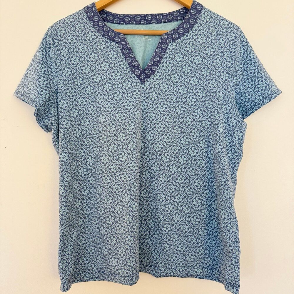 Croft & Barrow Womens Blue Stretch V Neck Contrast Collar Tee T Shirt XL 90s EUC